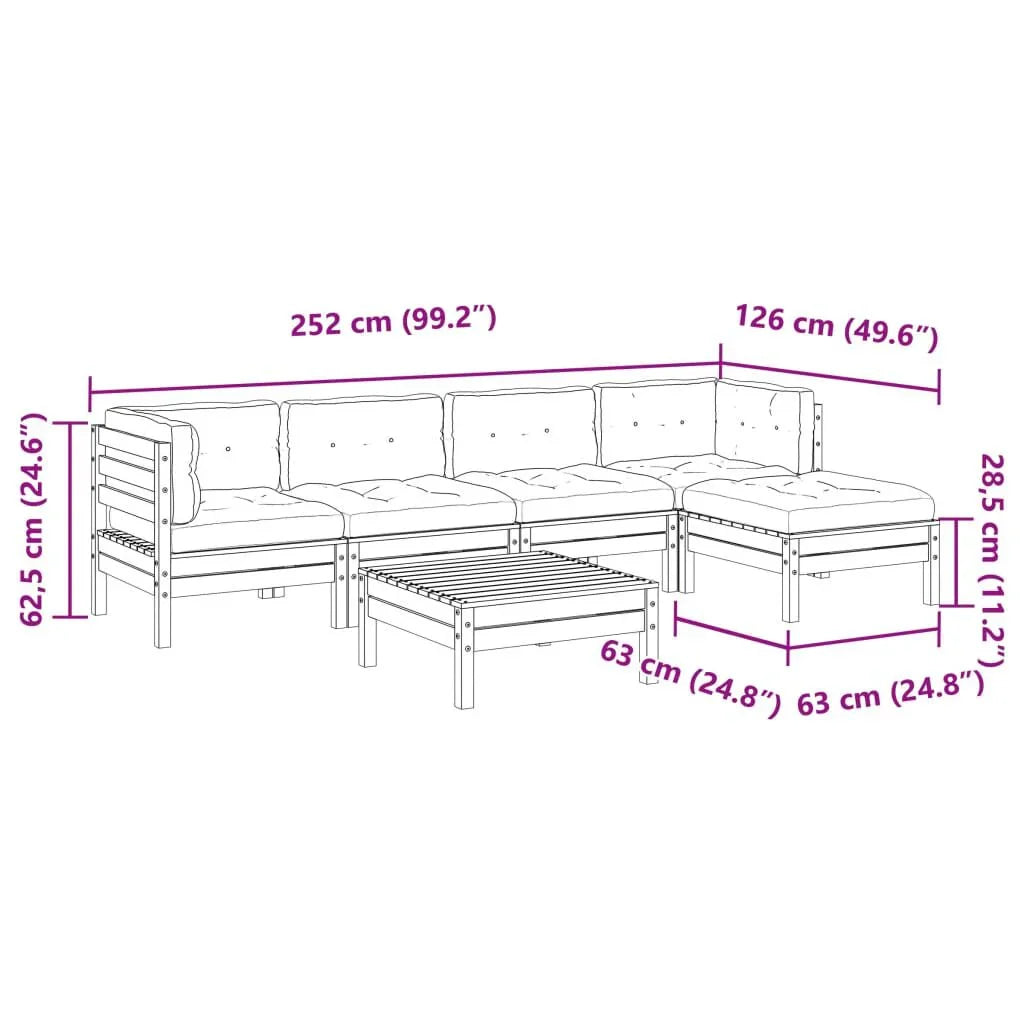 Salon jardin 6 pcs bois pin + coussins  Naturel impregné Noir