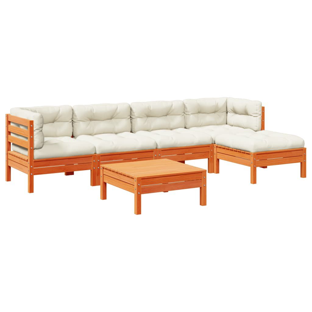 Salon jardin 6 pcs bois pin + coussins  Marron cire