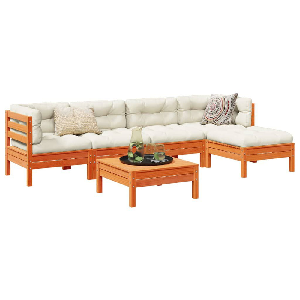 Salon jardin 6 pcs bois pin + coussins Marron cire