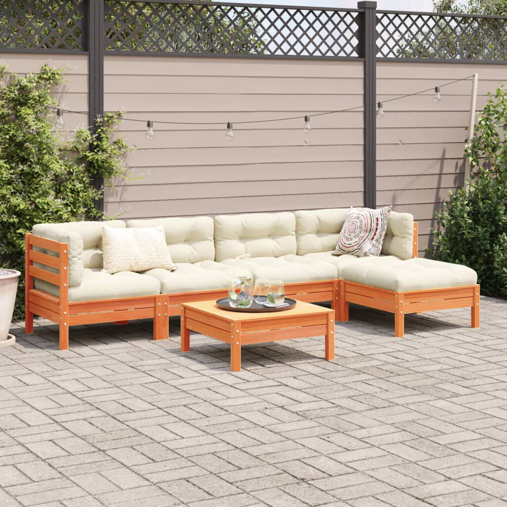 Salon jardin 6 pcs bois pin + coussins  Marron cire