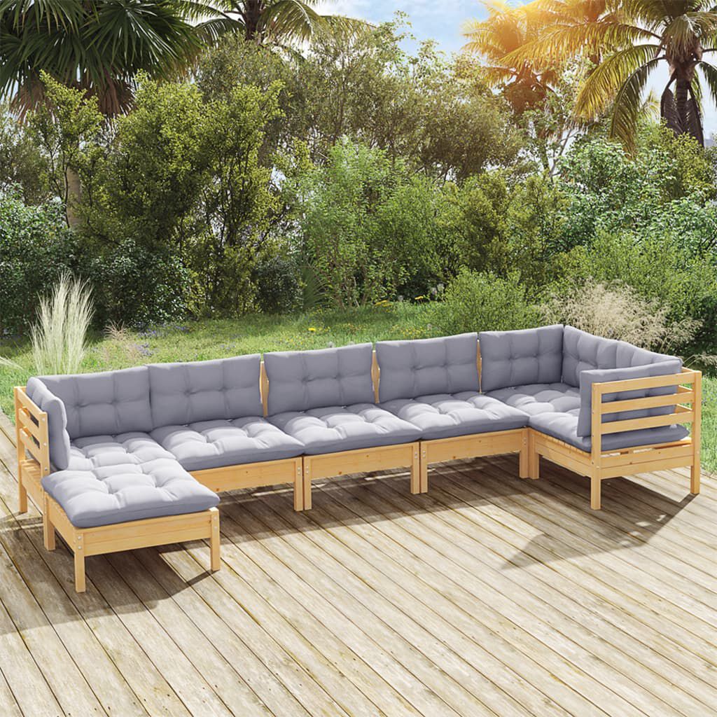 Salon de jardin 7 pcs bois de pin massif & coussins Marron et Gris