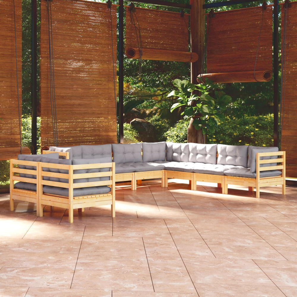 Salon de jardin 9 places en bois de pin massif - Marron et Gris