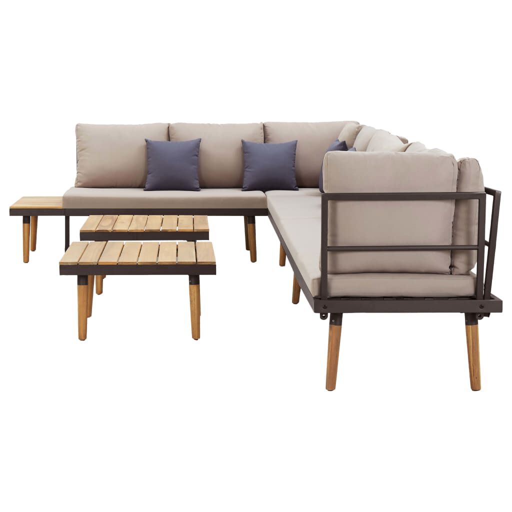 Salon de jardin 8 places bois d'acacia avec coussins Marron et gris