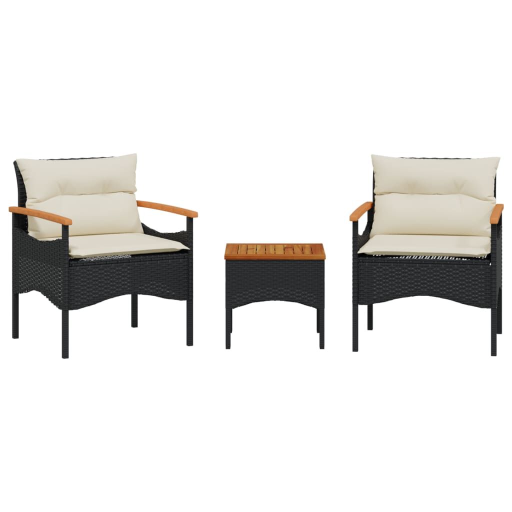 Salon de jardin 3 pcs résine tressée noir avec coussins Noir