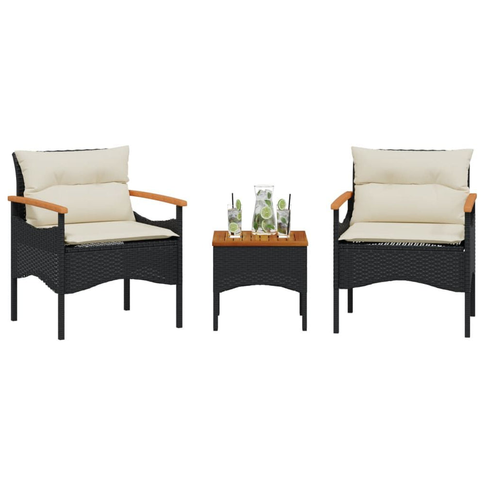 Salon de jardin 3 pcs résine tressée noir avec coussins Noir