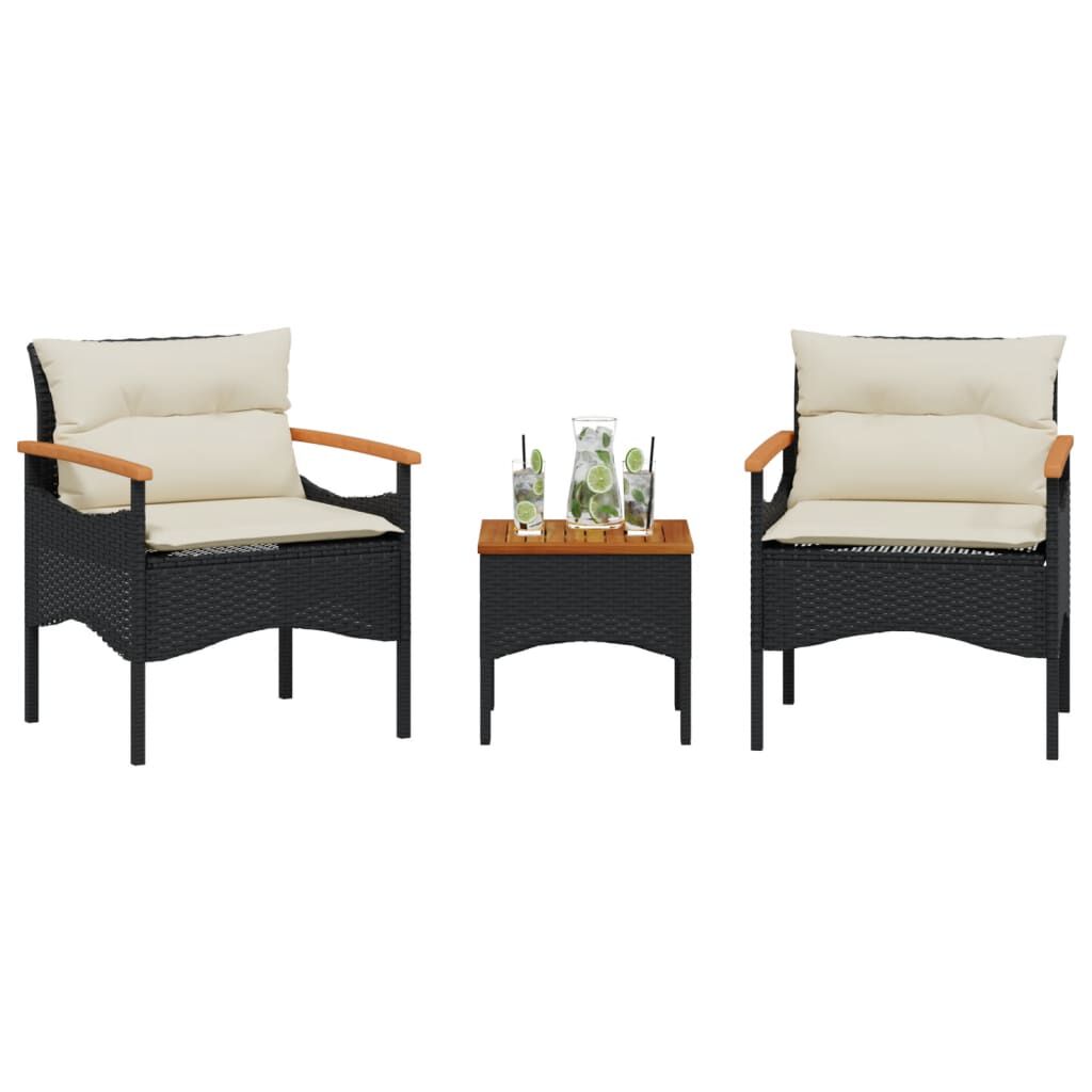Salon de jardin 3 pcs résine tressée noir avec coussins Noir