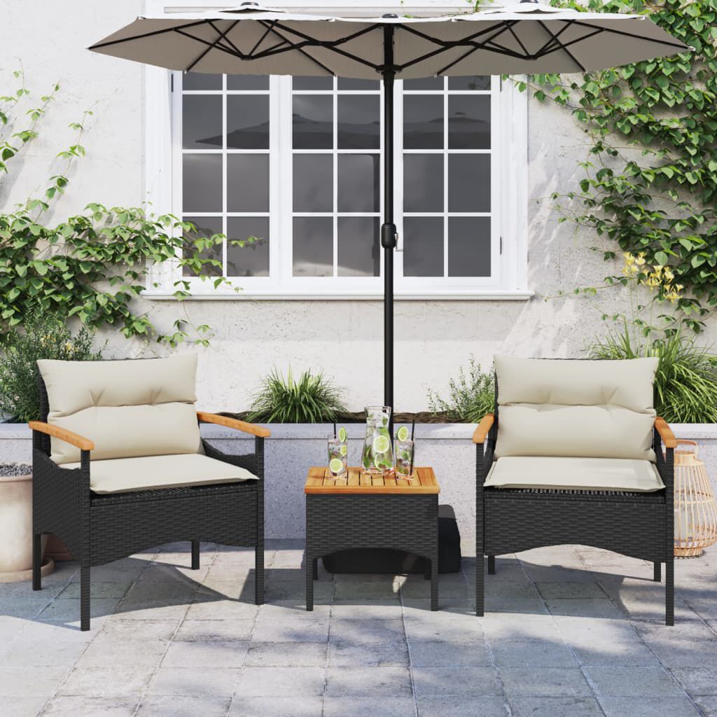 Salon de jardin 3 pcs résine tressée noir avec coussins Noir