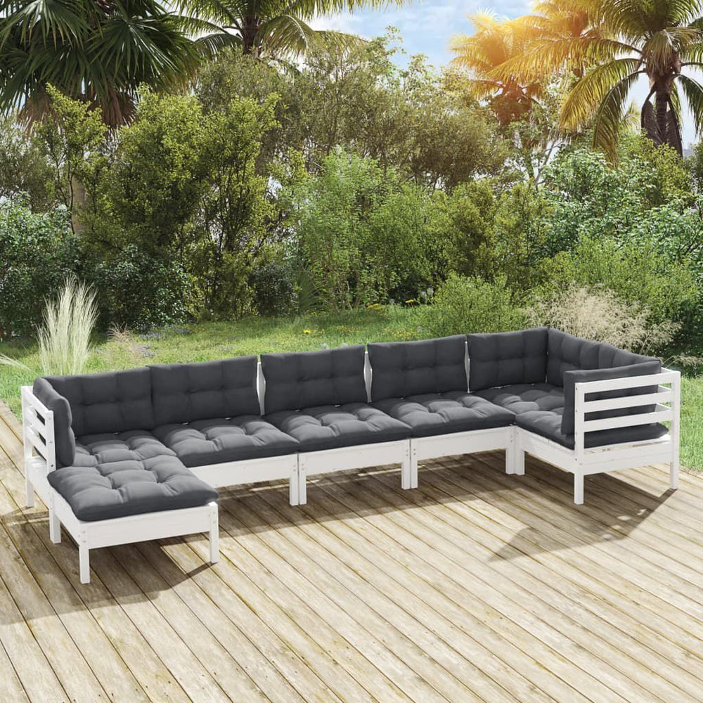 Salon de jardin 7 pcs bois de pin massif & coussins Blanc