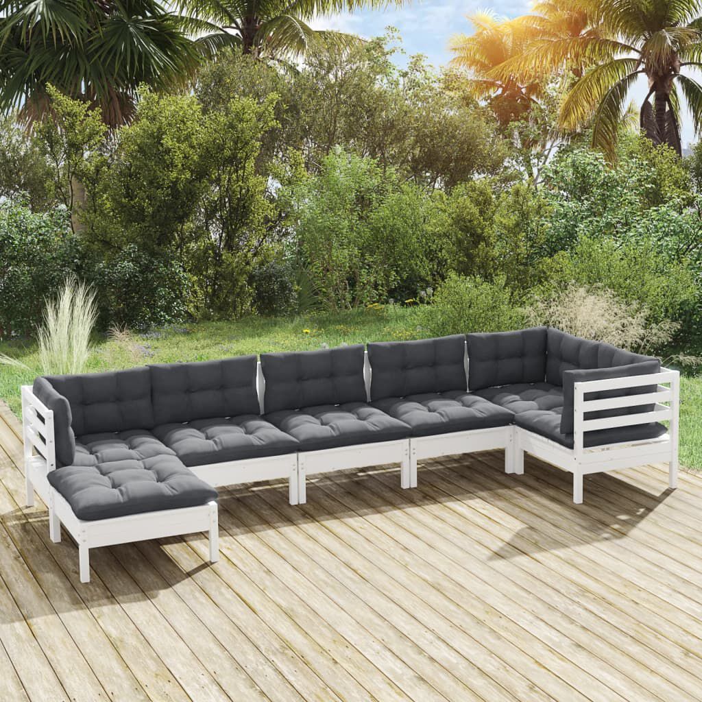 Salon de jardin 7 pcs bois de pin massif & coussins Blanc