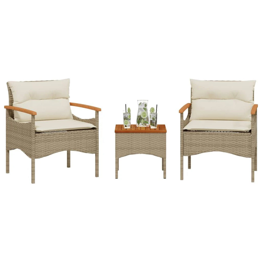 Salon de jardin 3 pcs résine tressée noir avec coussins Beige